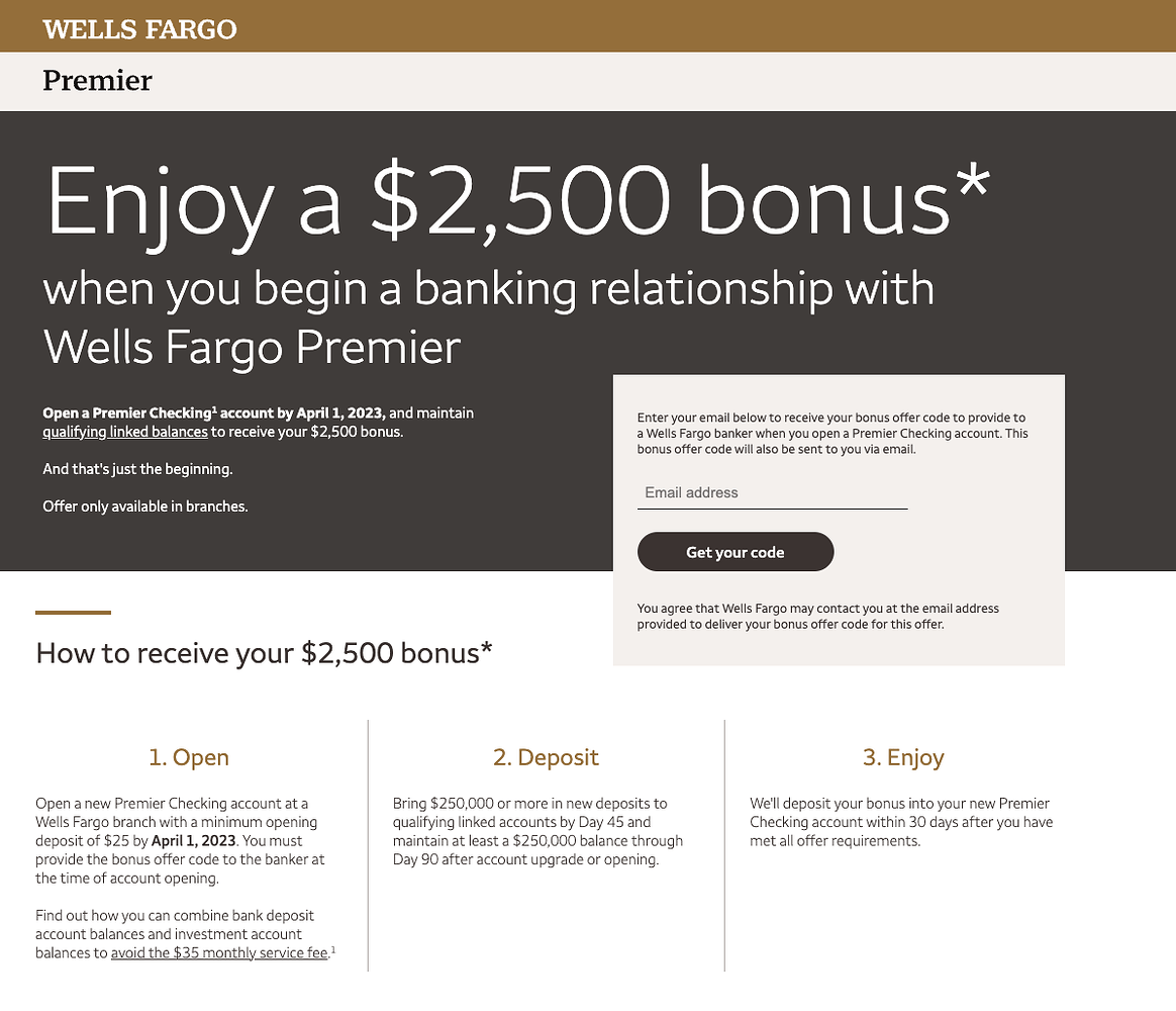 Wells Fargo Premier Checking 2500 Bonus (250k new deposits required