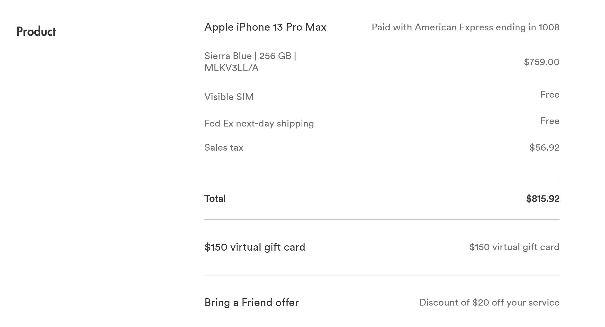 Visible iphone 13 pro max 128GB 676 +tax 150 giftcard 289，来自