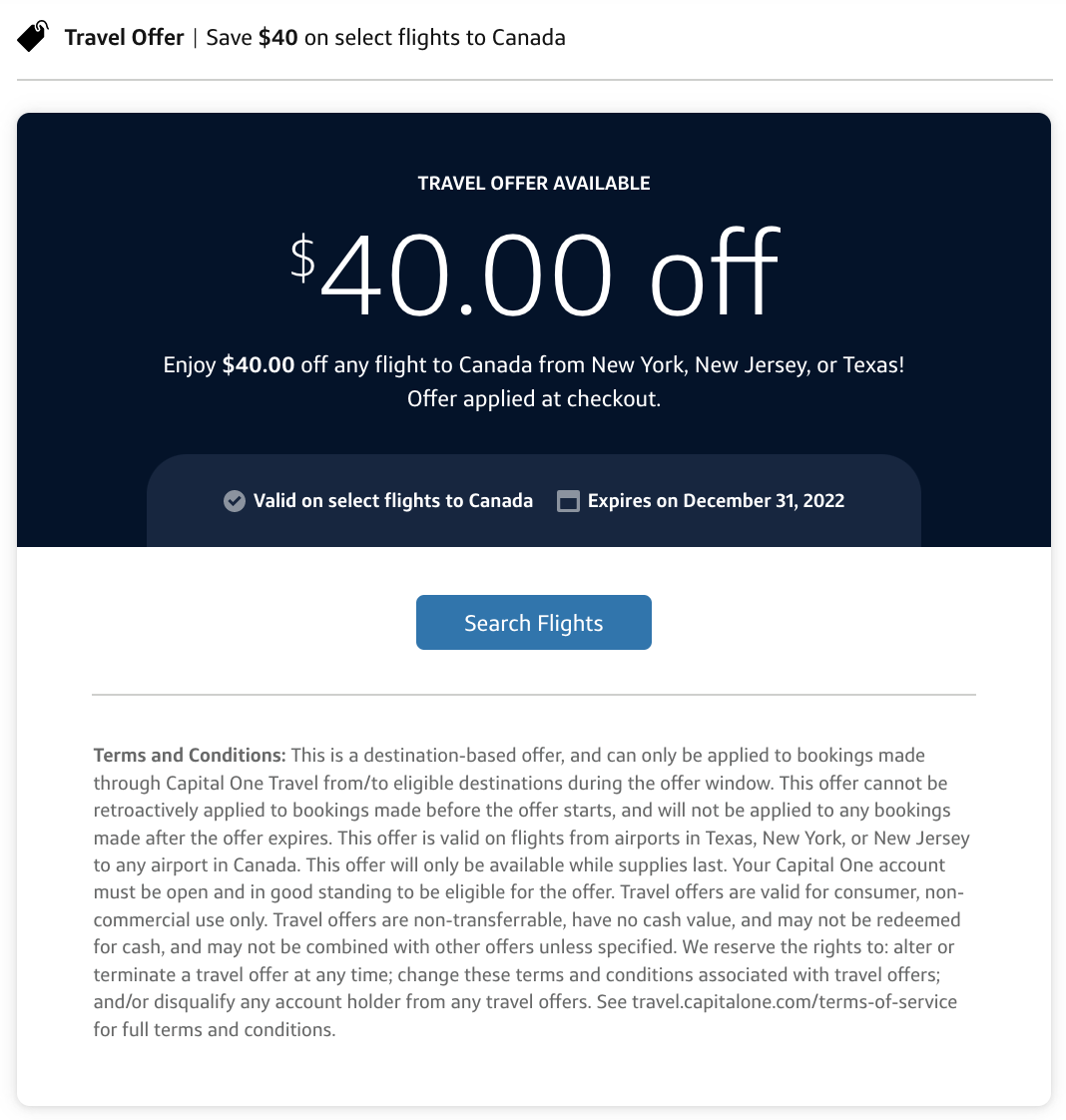 Capital One Travel] Travel offers $40 off flight to Canada from NY, NJ, TX  - 玩卡- 美卡论坛